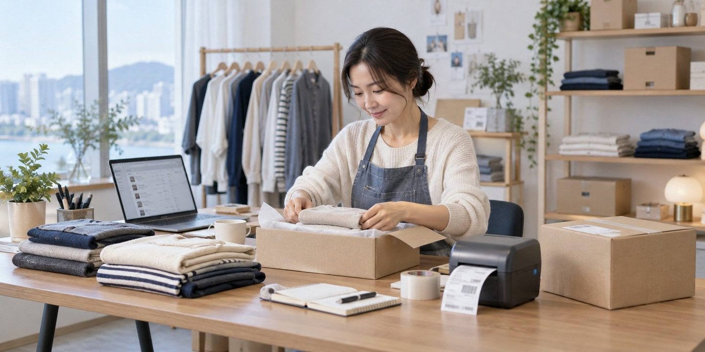 상품 포장 공간에서 노트북으로 업무를 보는 운영자 — PG 뷰티샵 카드단말기 첫 정산첫 정산, 숫자부터 같이 봐요. 연락 주시면 첫 입금 날 함께 맞춰 드립니다.