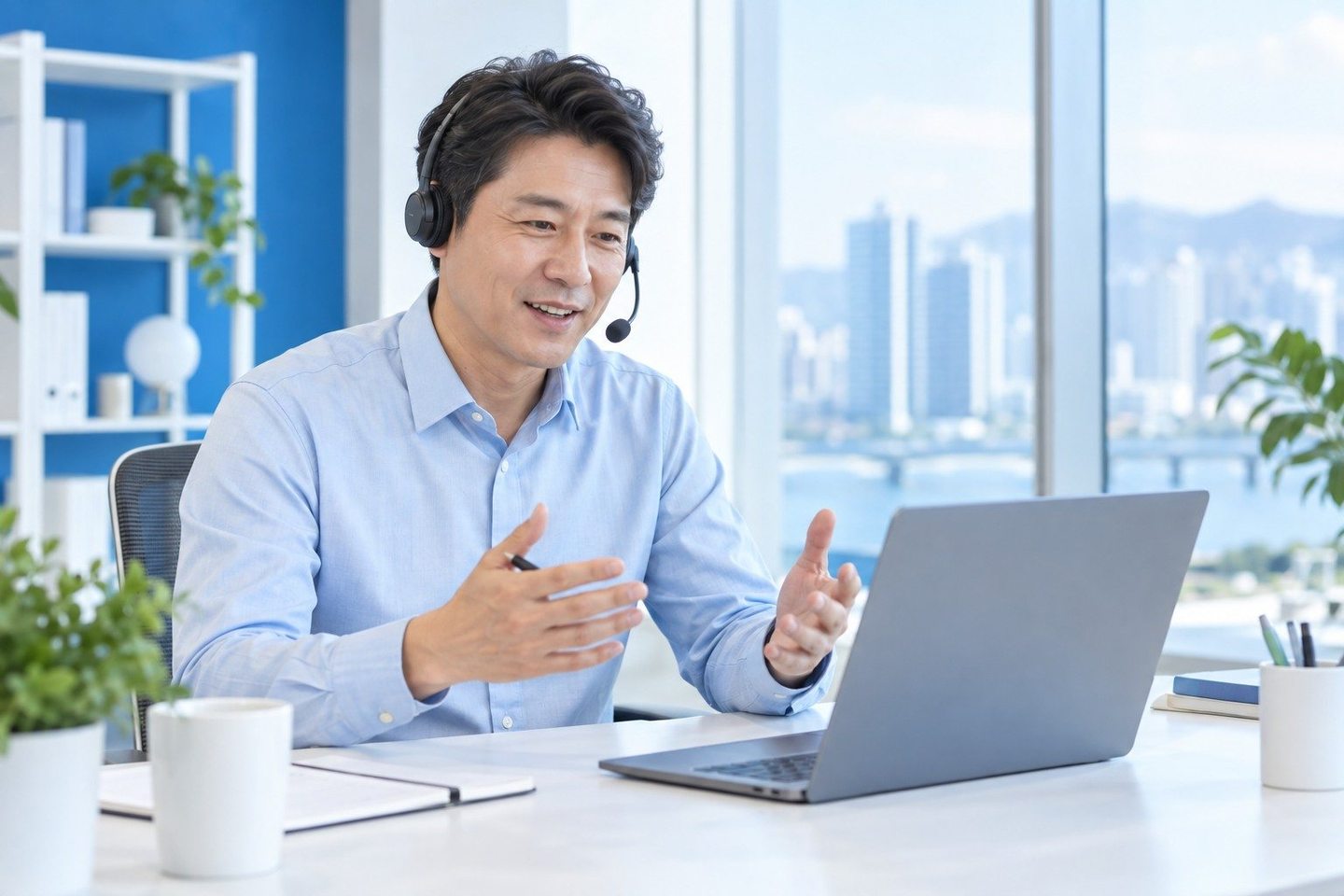 결제 기기가 놓인 테이블에서 상담하는 남성 — PG 뷰티샵 카드단말기 큰 결제와 샵 밖 결제도 시술비처럼 한 흐름에 담아요.