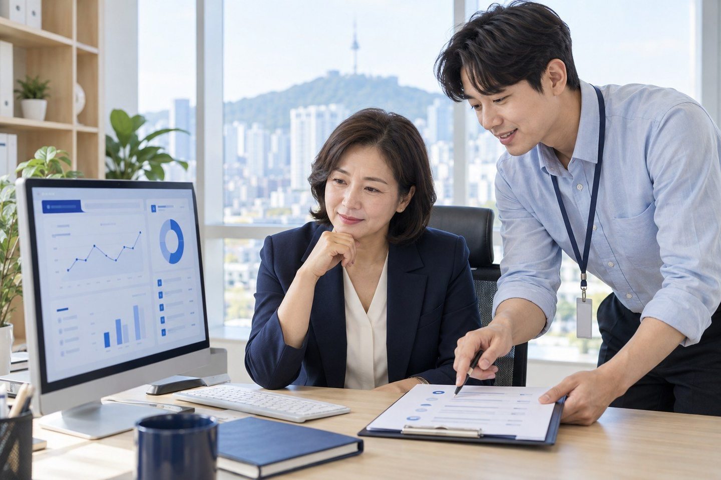 온라인 업무 화면을 함께 확인하는 두 사람 — PG 뷰티샵 카드단말기 계약서계약서, 숫자는 종이에 남겨요. 연락 주시면 서명 전에 함께 읽어 드립니다.