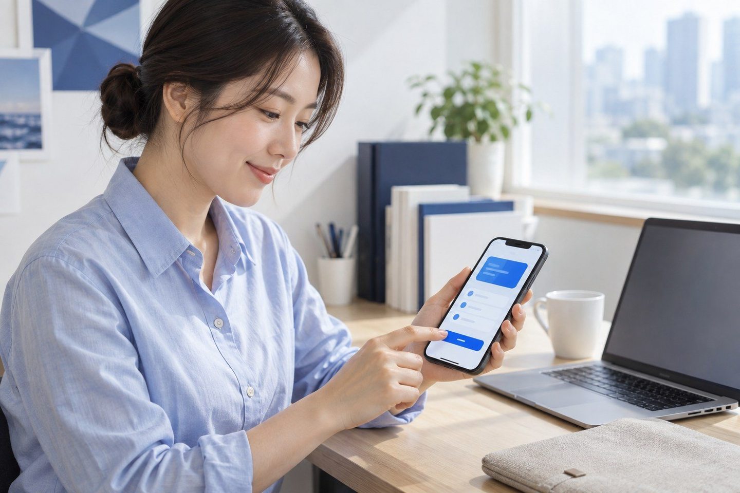 태블릿과 서류를 함께 살펴보는 여성 — PG 뷰티샵 카드단말기 결제 링크결제 링크, 샵 밖 손님도 받아요. 연락 주시면 문자 한 줄로 받게 해 드립니다.